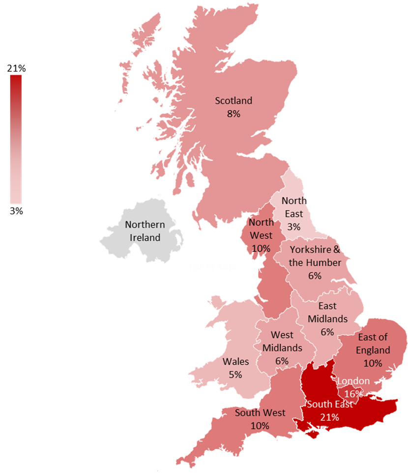 Map showing geographical distribution of taxpayers with a £500,000 exemption threshold